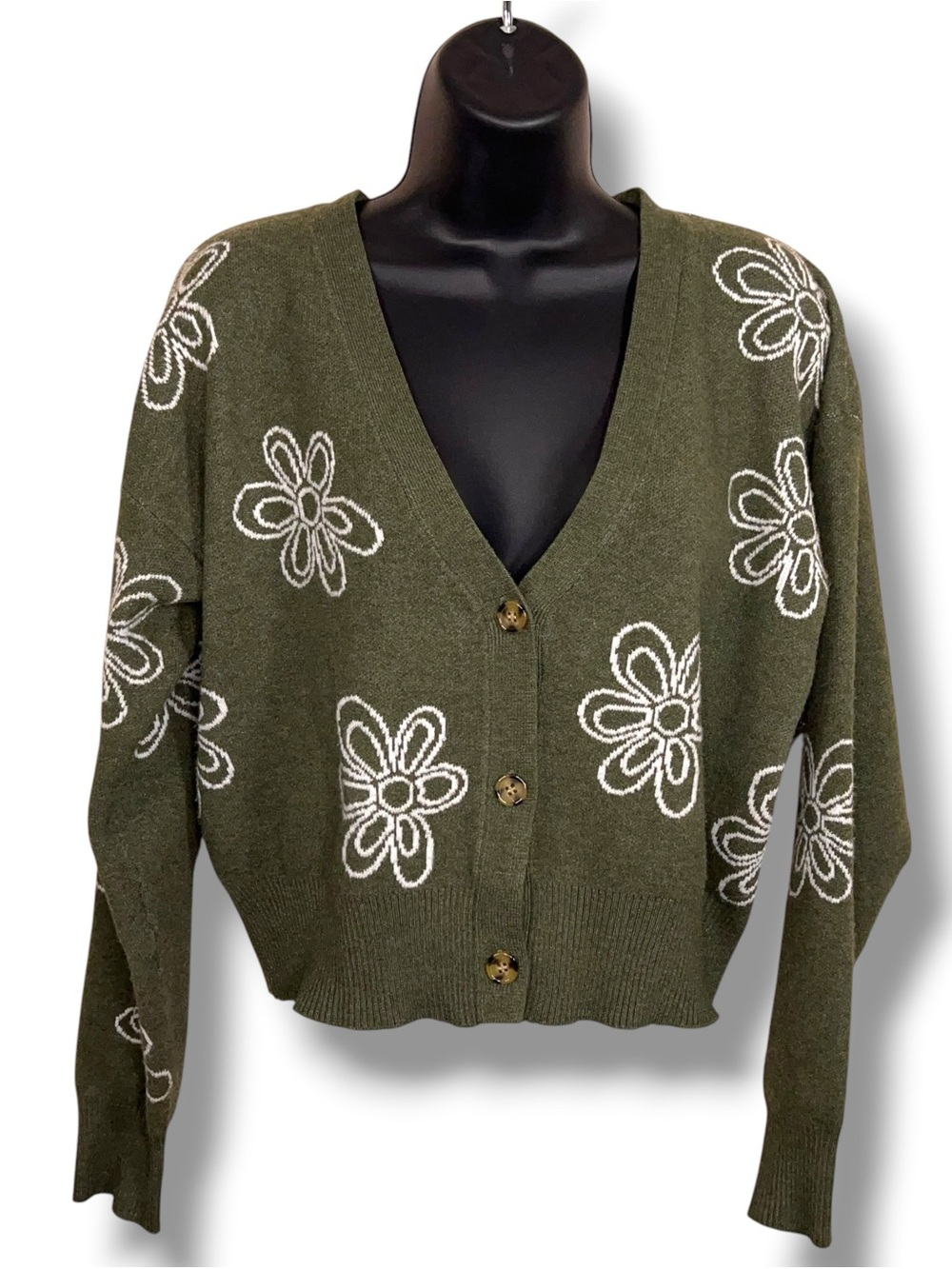 Small No Boundaries Olive Green White Floral Print Cardigan Sweater